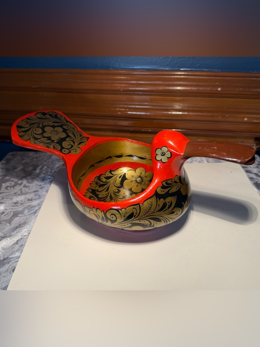 Vintage Russian Khokhloma Hand-painted Wooden Duck Bowl Floral Lacquer